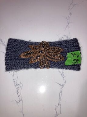 Grey Knit Headband w/ Gold Beaded Flower Appliqué
